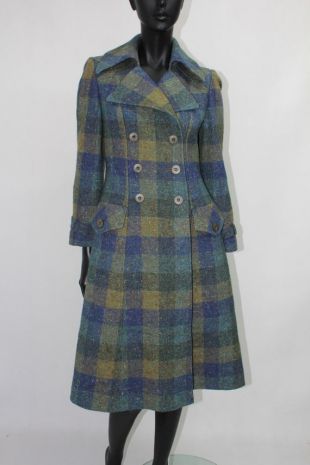 Vintage Feminella Wool Green Blue Plaid Long Coat Jacket S / M Made in England
