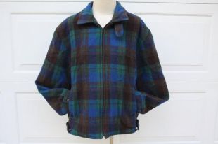 Vintage Wool Plaid Lumberjack Hunter Short Bomber Jacket Blue Green Brown 60s Zip Rockabilly Unisex Style