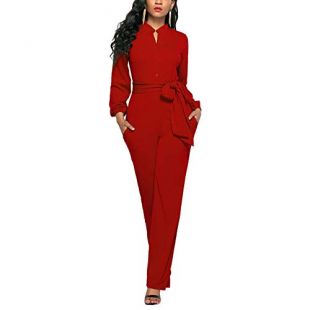 Ophestin Womens Long Sleeve Jumpsuit for Work Wide Leg Pants Rompers with Belt Red Size M