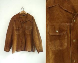 Veste en daim pour homme Vintage | des années 70 marron daim véritable veste Western en cuir | Mens taille medium (44)