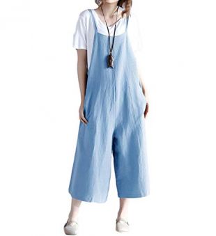 Yoawdats Women Summer Loose Linen Suspender Overalls Jumpsuit Bib Trousers Wide Leg Pants Plus Size (US M=Tag L, Y Blue)