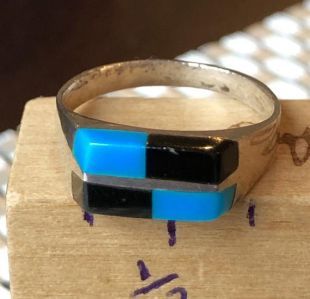 Prix spécial Vintage en argent Sterling Style amérindien incrustation Turquoise et noir Onyx taille 6 bague