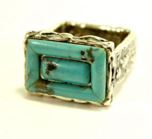 Magnifique bleu Turquoise Pierre Unique carré texturé bande de bague taille 7 PB signé