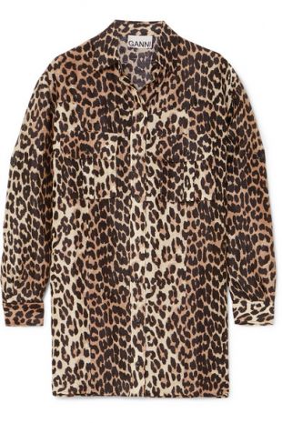 GANNI   Chemise en lin et soie mélangés à imprimé léopard