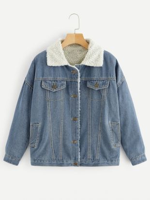 SheIn Drop Shoulder Faux Shearling Lined Denim Jacket