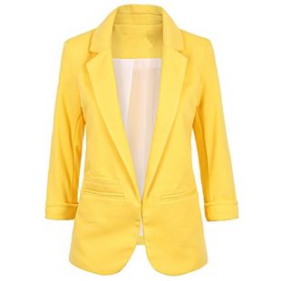 Lrady Women's Fashion Casual Rolled Up 3/4 Sleeve Slim Office Blazer Jacket Suits, Yellow, L