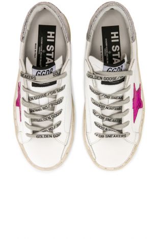 Golden Goose Hi Star Sneakers in White Leather & Silver Pink