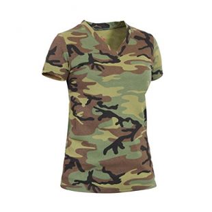 Rothco Women's Long Length V-Neck T-Shirt, Woodland Camo, Medium
