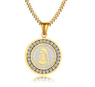 VNOX en Acier Inoxydable Cubique Zircone Étiquette Ronde Vierge Marie Pendentif Collier Chanceux Amulette Bijoux