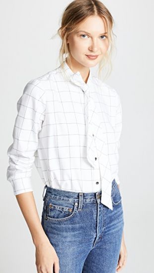 Long Sleeve Tie Neck Button Down