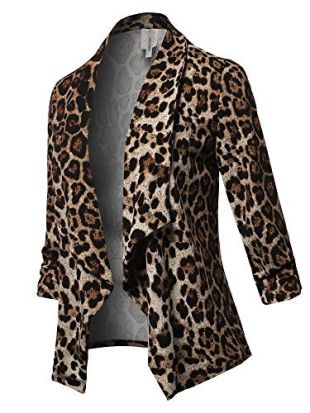 Stretch 3/4 Gathered Sleeve Open Blazer Jacket Leopard S