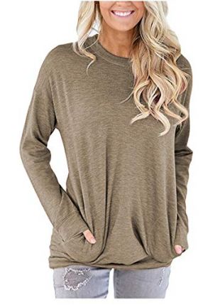 onlypuff Bottom Shirts for Women Khaki Pockets Solid Batwing Tunic Tops M