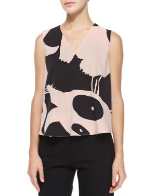 Sleeveless V Neck Printed Volume Top