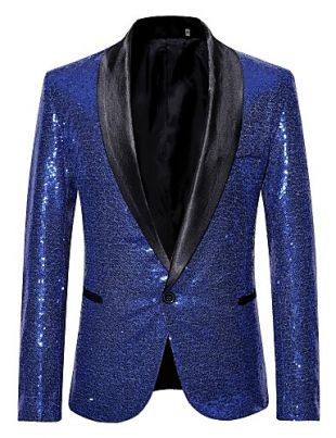 Club Luxury All Seasons Regular Blazer, Solid Colored Shawl Collar Long Sleeve Polyester Sequins Silver / Wine / Royal Blue L / XL / XXL