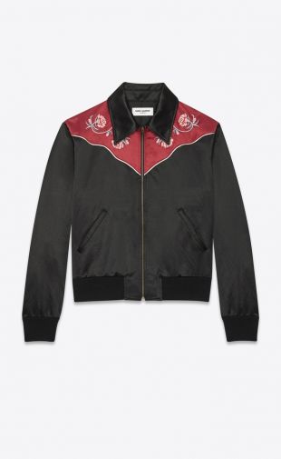 Saint Laurent Western Bomber Jacket in Black and Burgundy Cotton and Rayon