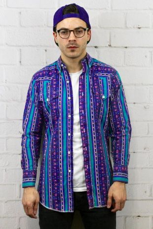 90 s aztèque Panhandle Slim XS chemise / Mens Vintage des années 80 violet motif géométrique frais Prince Cowboy Western / bouton bas chemise à manches longues