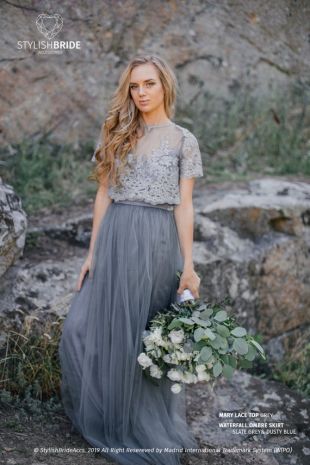 Ombre Slate Grey&Dusty Blue Mary Dress, Long Grey Waterfall Bridesmaids or Engagement Skirt, Prom Lace Dresses Plus Size Dark Grey