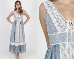 Gunne Sax robe bleu Calicot robe Renaissance Fair robe V profond cou robe vintage des années 70 au crochet dentelle Prairie florale mariage corset robe Maxi
