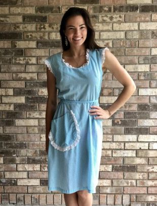 Vintage 1950 tourbillon bleu et tablier Vichy blanc style Robe portefeuille, taille moyenne