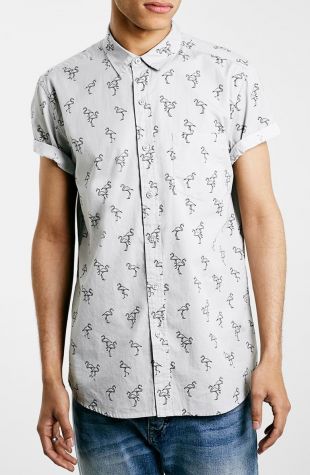 Trim Fit Short Sleeve Flamingo Print Shirt