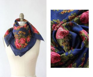 Babushka métallique marine foulard • foulard russe Vintage • foulard fleuri Vintage • années 70 foulard • carré Vintage écharpe • foulard carré Floral • SC468