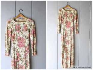 Robe longue fleurie des années 70 Boho romantique étage longueur robe rose blanc Vintage Boho mariage robe Hippie fille femmes XS petit