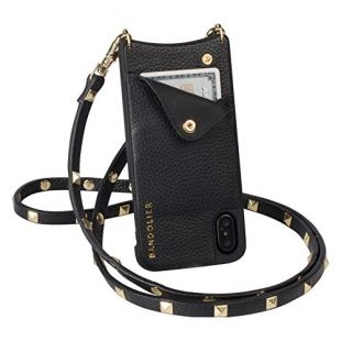 Bandolier Sarah Crossbody Phone Case and Wallet - Black Leather with Gold Detail - Compatible with iPhone X & XS Only