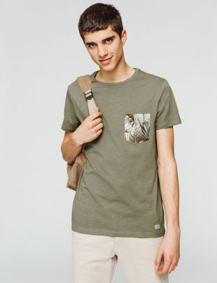 Bizzbee T shirt uni poche imprimée homme Kaki Clair