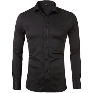 Harrms Chemise Homme Fibre de Bambou, Manches Longues Slim Fit, Élastique et Formelle,Noir,42 (Poitrine 112CM, Manche 89CM)