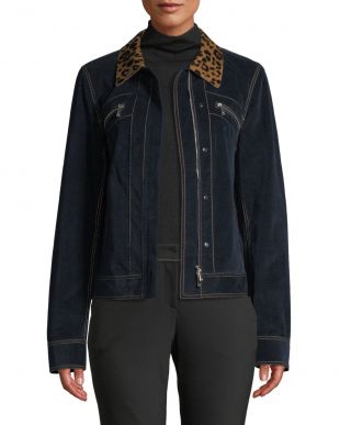 Kesha Leopard-Collar Zip-Front Primo Denim Jacket