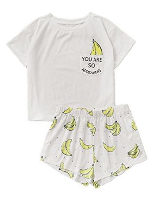 Banana Print Pocket Front Top with Shorts Pajama Set Ladies Short Sleeve Cute Pajama Set New Stretchy Pajama Set
