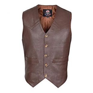 WICKED STOCK Men's Full Grain Brown Leather Vest Western Style Motorcycle Fashion V117