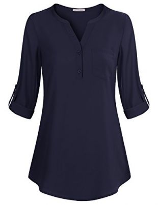 Messic Women Shirts for Leggings, Women's V-Neck Blouses 3/4 Roll-up Sleeve Button Casual Chiffon Tunic Shirt (Large, Navy)