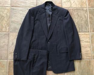 Vintage peignée costume rayé de laine bleu marine | 39 40 régulier / Long | 2 bouton Trad