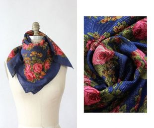 Babushka métallique marine foulard • foulard russe Vintage • foulard fleuri Vintage • années 70 foulard • carré Vintage écharpe • foulard carré Floral • SC468