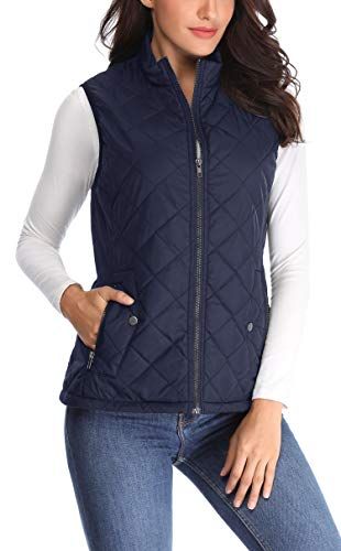 MISS MOLY Women Lightweight Quilted Padded Vest Stand Collar Zip Up Front Gilet Quilted, Blue, Medium