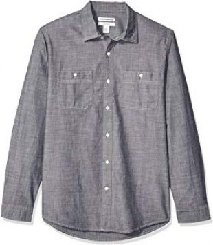 Amazon Essentials Men's Standard Slim Fit Long Sleeve Chambray Shirt, Grey, X Large