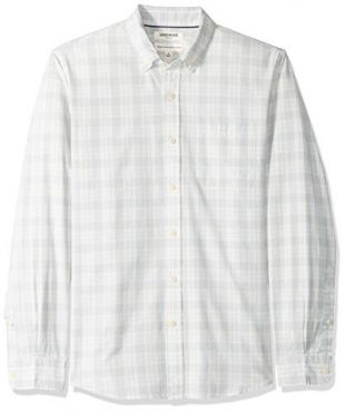 Amazon Brand - Goodthreads Men's Standard-Fit Long-Sleeve Plaid Chambray Shirt, Grey White, Small