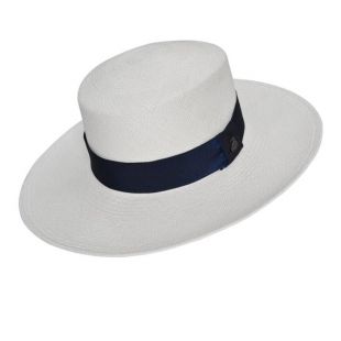 Chapeau de Panama original plat couronne large bord classique Fedora toquilla paille bande bleu marine fait à la main en Équateur par Ecua Andino