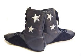 Chaussures Tightwire Isabella Mars STAR w / 2 argent métallisé étoiles funambule du cirque Corderaide Drahtseil Wirewalker cheville bottes en cuir noir