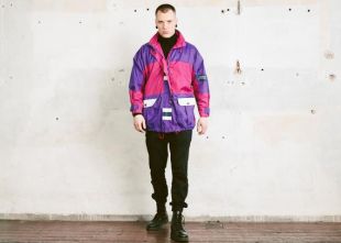 Veste de voile gras 90. Pluie veste des années 1990 violet Yachting Colourblock Jacket Mens unisexe veste coupe vent hommes vintage. taille L Large