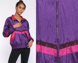 Coupe vent violet brillant des années 90 coupe vent veste rayée Hipster impression rose chaud Streetwear Vintage des années 1990 Medium