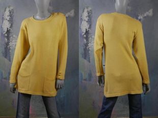 Pull long jaune, des années 1990 suédois vintage en coton tricot pull Top w or ancre boutons, cavalier scandinave: taille 12 US, 16 UK