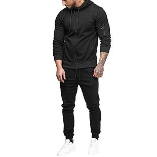 Sumen Men Zipper Patchwork Hoodie Pants Sets Tracksuit Jogging Sweatsuit Activewear Black