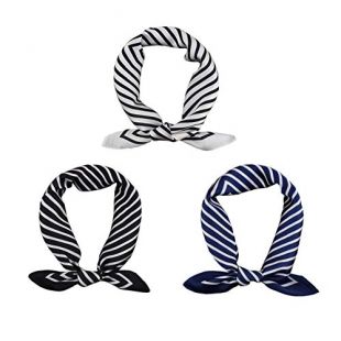 FYLuoke Fashion 21 Inch Striped Neck Square Scarf for Women Soft Silk Feeling Neckerchief Head Hair Wraps 3 Pack (Black/Blue/Creamy-white)