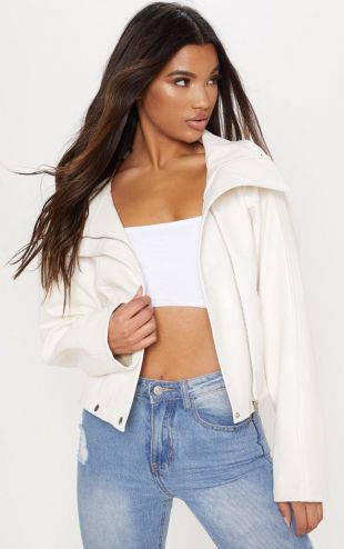Cream Oversized PU Bomber
