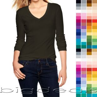 Basic V Neck T Shirt Plain Solid Color Top Stretch Layer Fitted Women Thin