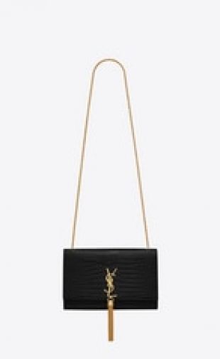 Saint Laurent Kate medium avec pompon en cuir brillant embossé crocodile
