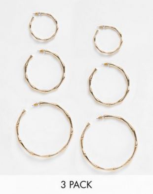 Pack of 3 hoop earrings in vintage style bamboo design in gold tone