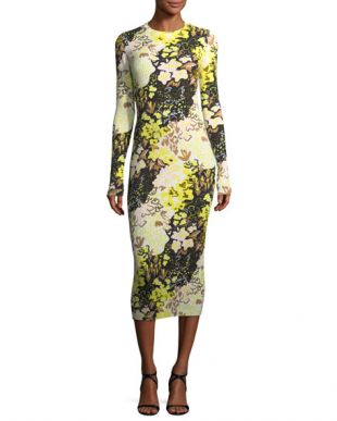Floral Print Long Sleeve Rib Knit Midi Dress